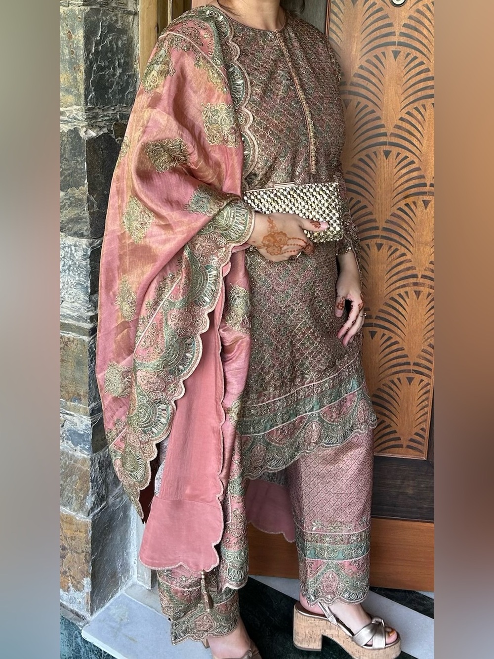 Frontier Heritage Embroidered Two-Piece Lehenga Pant Suit in Dusty Rose and Sage
